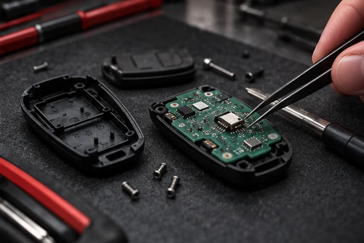 Illustrative close-up of an automotive remote key circuit board repair front view.